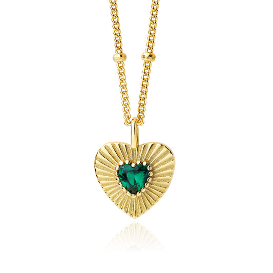 Emerald Heart Pendant Necklace with Beads Chain - 18K Gold Plated