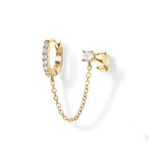 Pave Diamond Hoop Earrings with Chain - 18K Gold Plated (Single Ear)