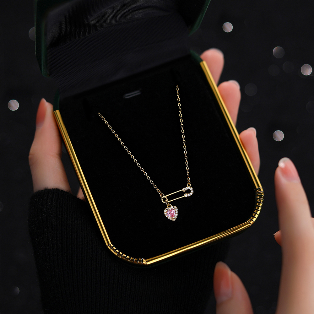 Pink Heart Safety Pin Pendant Necklace - 18K Gold Plated